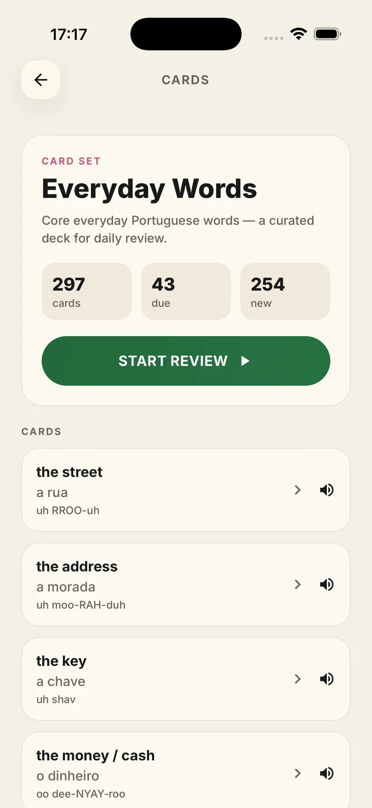 Everyday Words card set with scheduled reviews