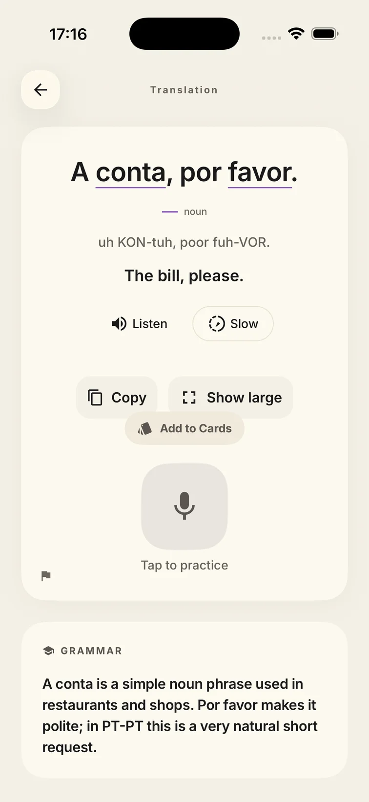 Portuguese translation with pronunciation and an English explanation